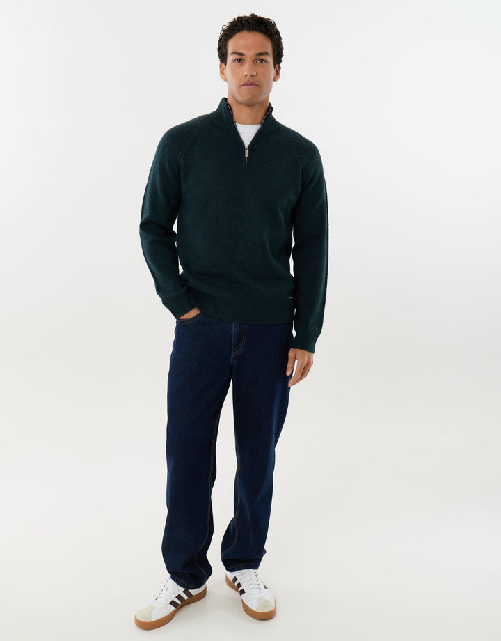 Raglan Rib Quarter Zip Knitted Jumper in Dark Green