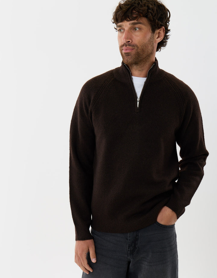 Raglan Rib Quarter Zip Knitted Jumper  in Chocolate Brown