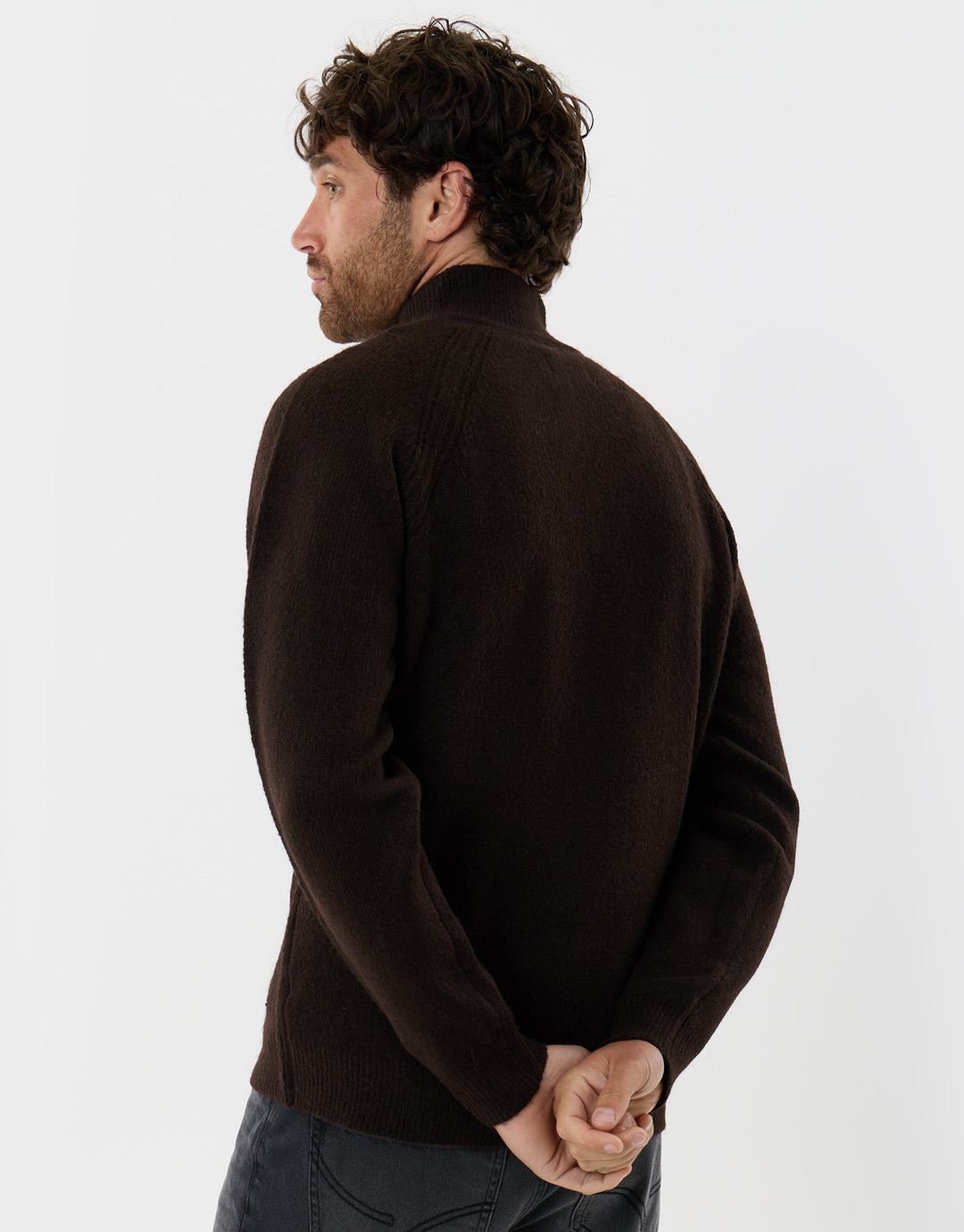 Raglan Rib Quarter Zip Knitted Jumper  in Chocolate Brown