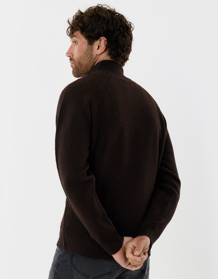 Raglan Rib Quarter Zip Knitted Jumper  in Chocolate Brown