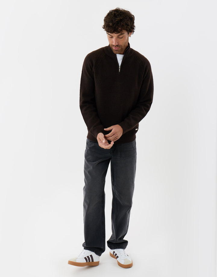 Raglan Rib Quarter Zip Knitted Jumper  in Chocolate Brown