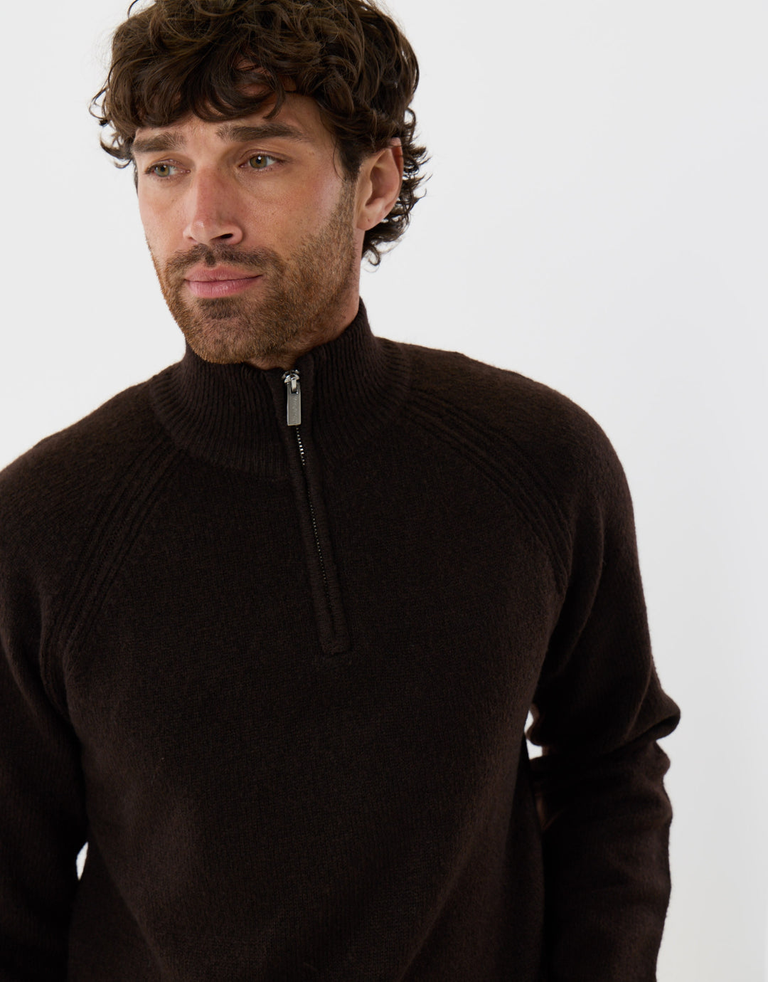 Raglan Rib Quarter Zip Knitted Jumper  in Chocolate Brown
