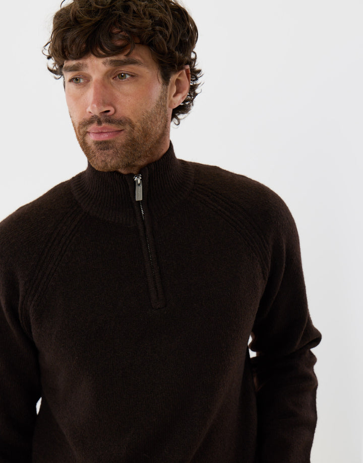 Raglan Rib Quarter Zip Knitted Jumper  in Chocolate Brown
