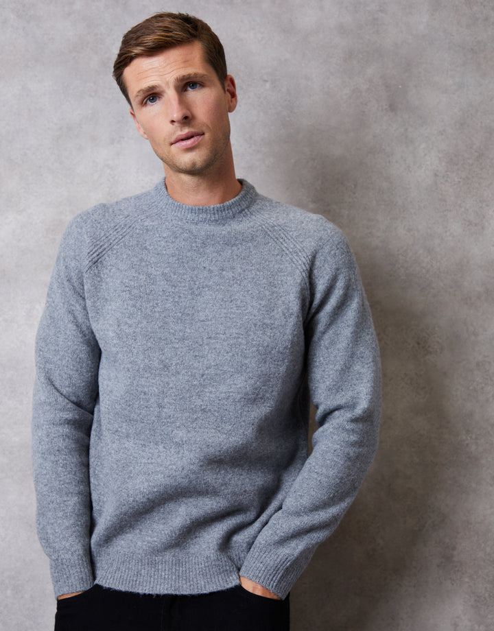 Grey Raglan Rib Knitted Crew Neck Jumper
