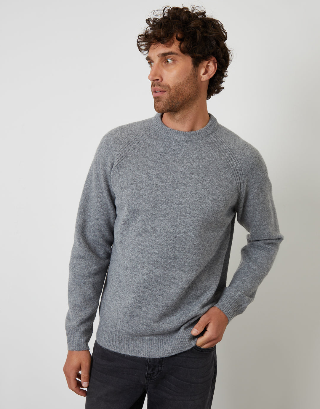 Grey Raglan Rib Knitted Crew Neck Jumper