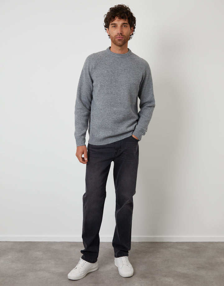Grey Raglan Rib Knitted Crew Neck Jumper