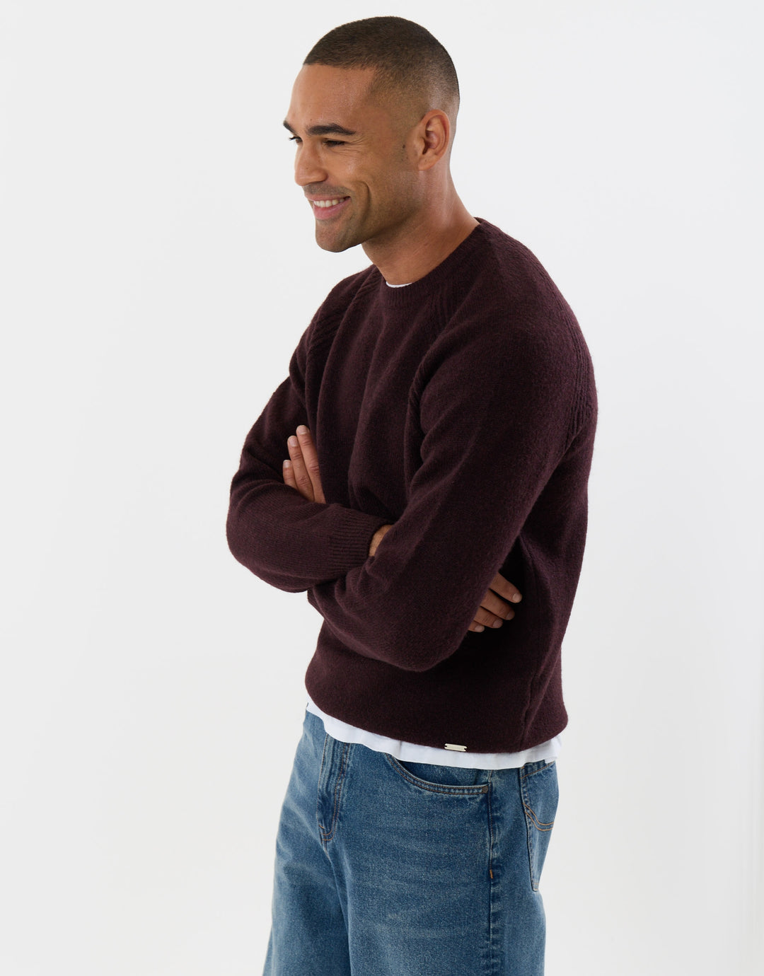 Raglan Rib Knitted Crew Neck Jumper in Burgundy