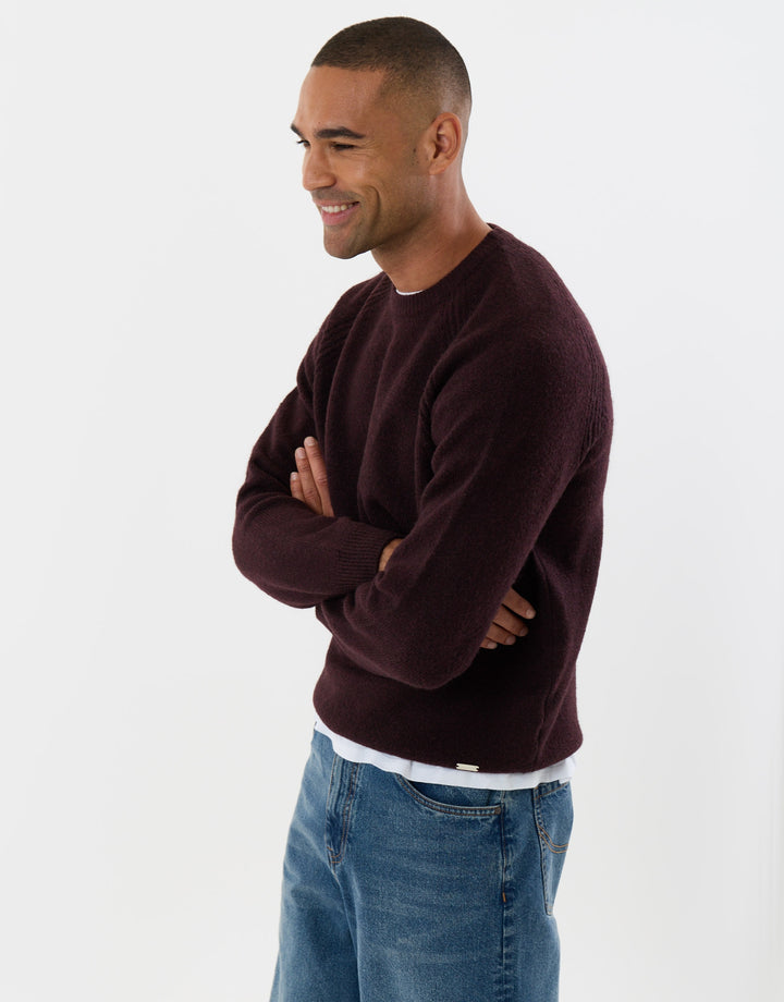 Raglan Rib Knitted Crew Neck Jumper in Burgundy