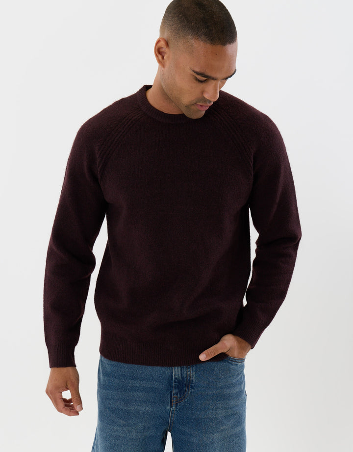 Raglan Rib Knitted Crew Neck Jumper in Burgundy