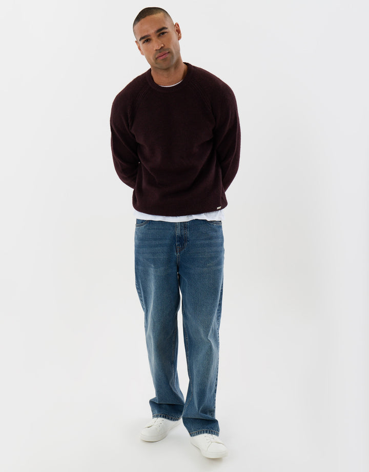 Raglan Rib Knitted Crew Neck Jumper in Burgundy