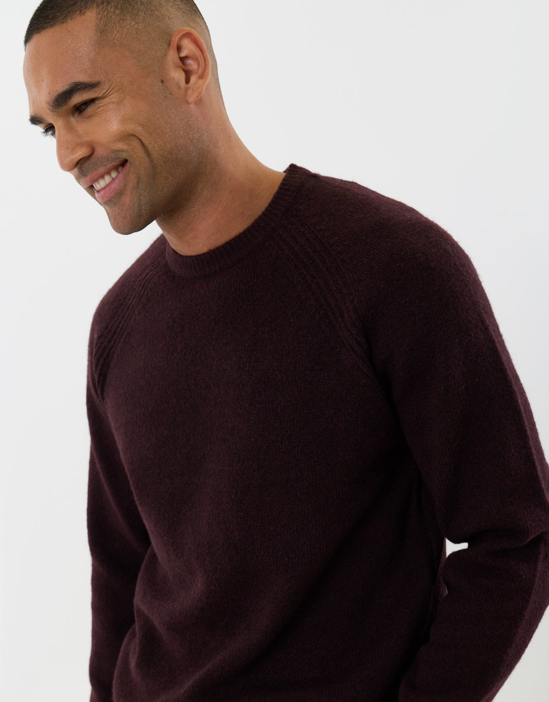 Raglan Rib Knitted Crew Neck Jumper in Burgundy