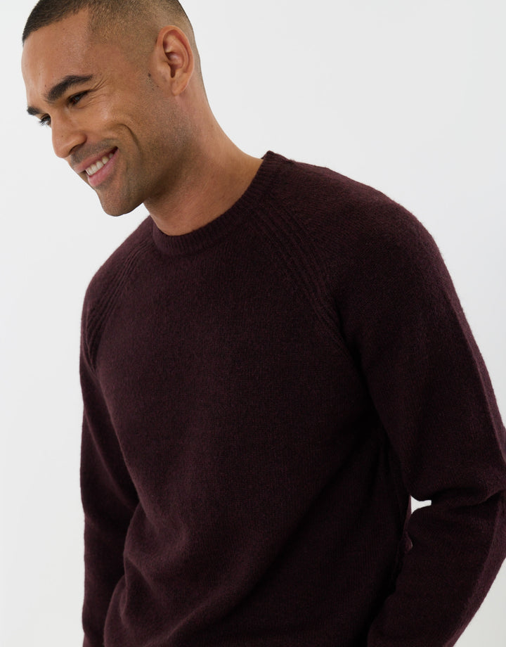 Raglan Rib Knitted Crew Neck Jumper in Burgundy