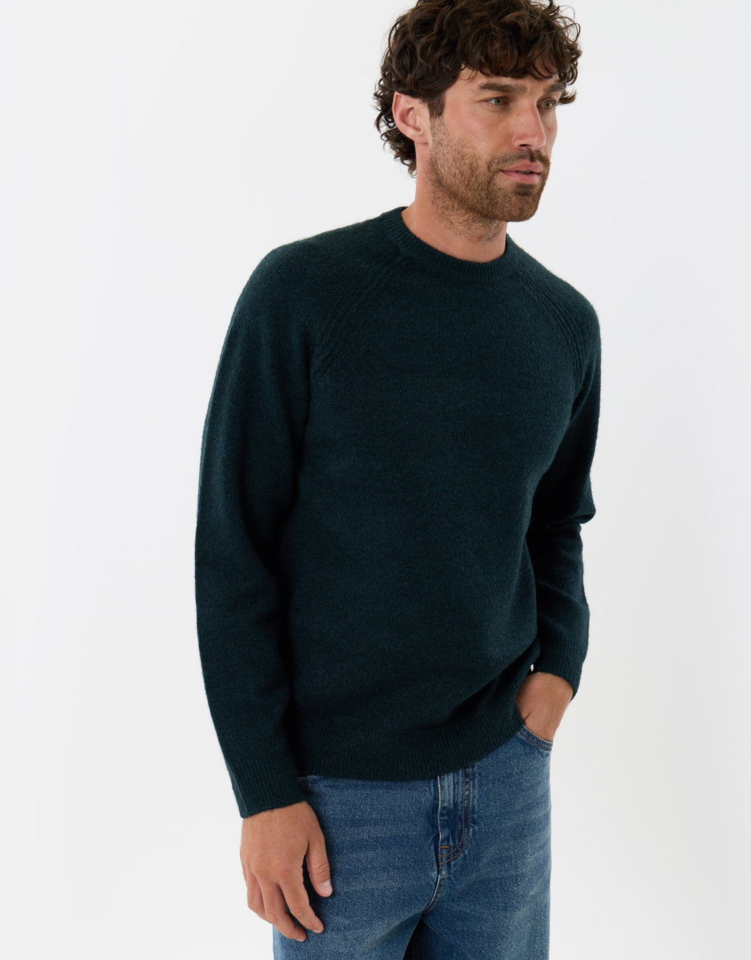 Raglan Rib Knitted Crew Neck Jumper in Dark Green
