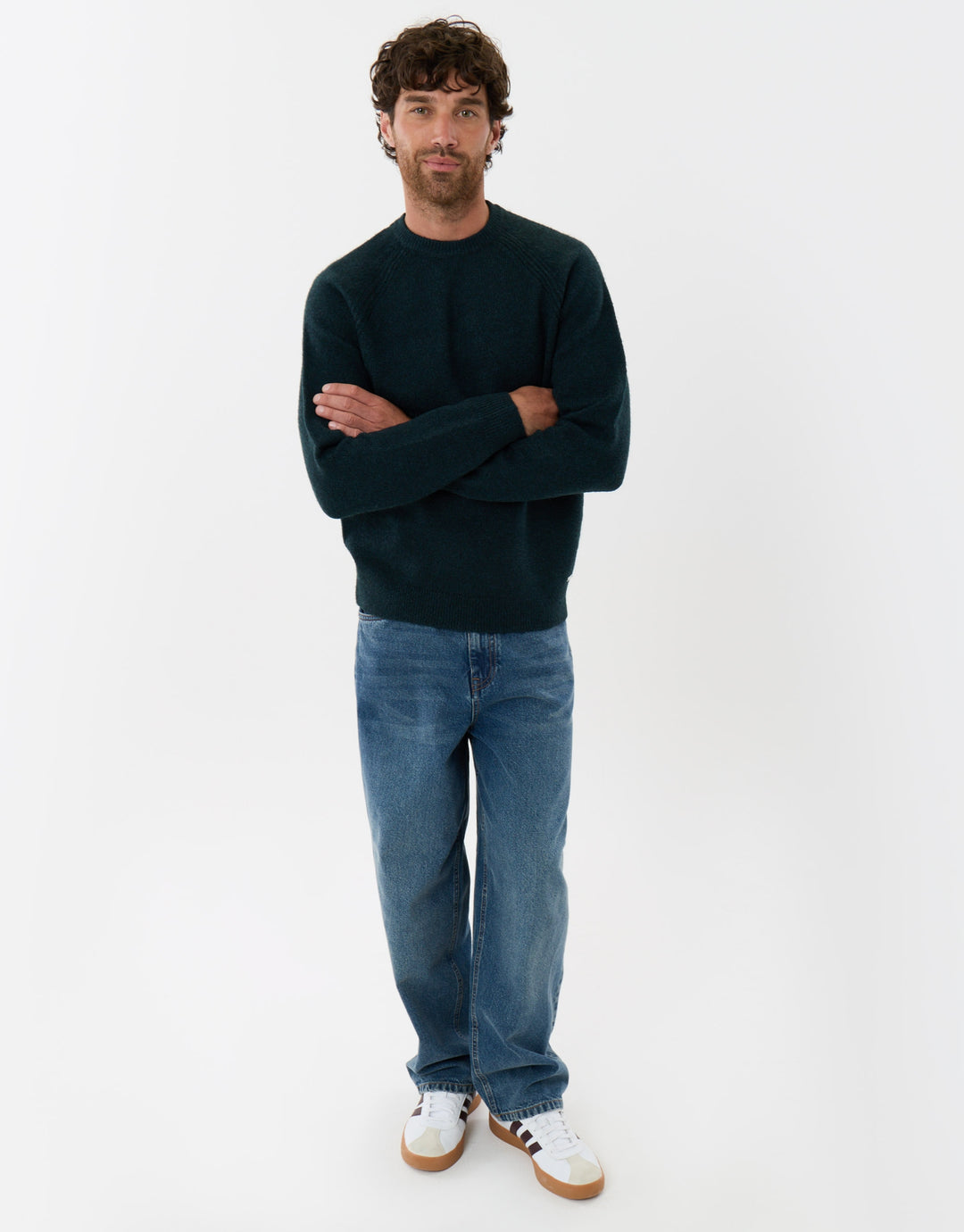 Raglan Rib Knitted Crew Neck Jumper in Dark Green