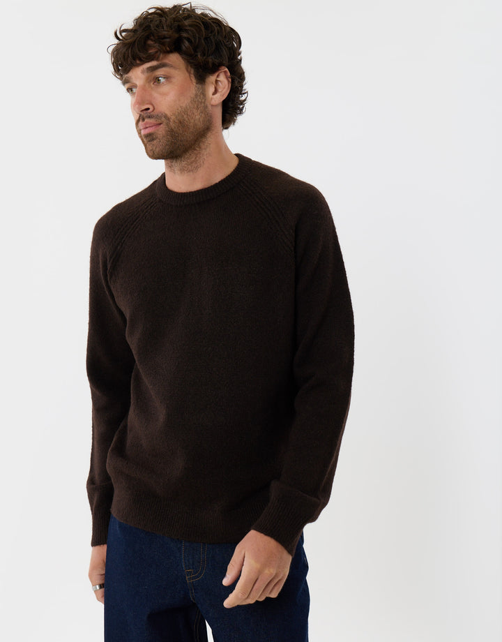 Raglan Rib Knitted Crew Neck Jumper in Chocolate