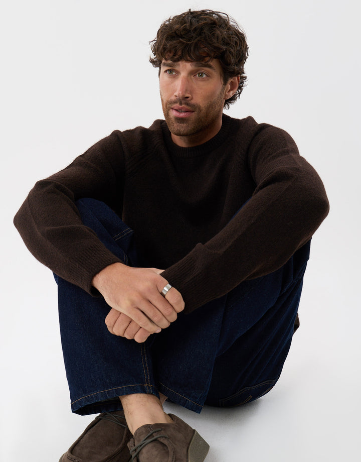 Raglan Rib Knitted Crew Neck Jumper in Chocolate