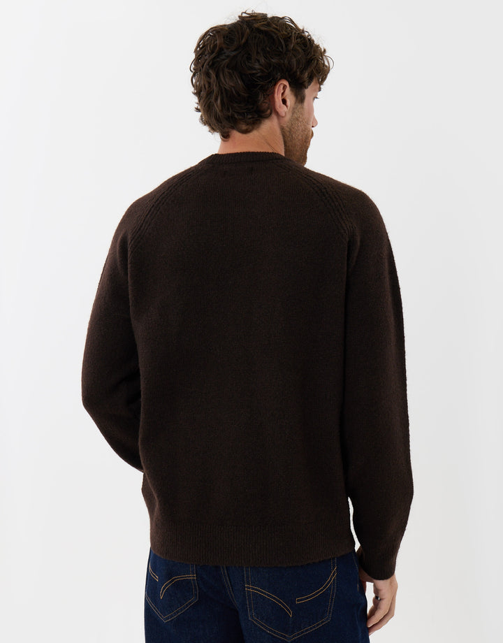 Raglan Rib Knitted Crew Neck Jumper in Chocolate