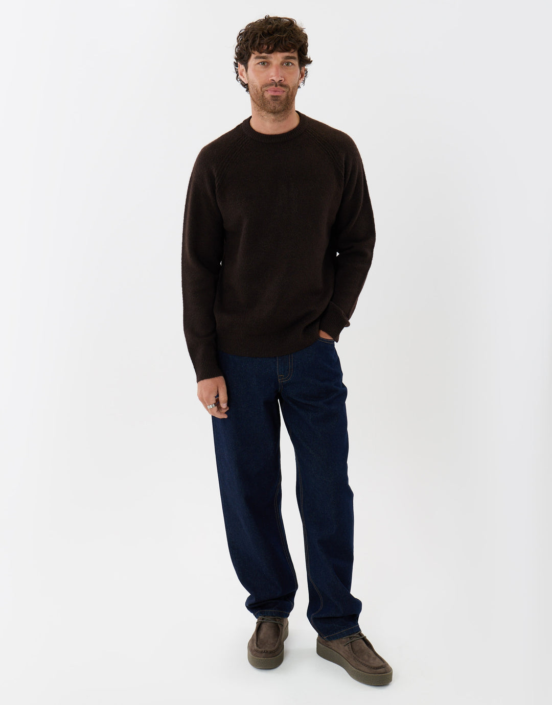Raglan Rib Knitted Crew Neck Jumper in Chocolate