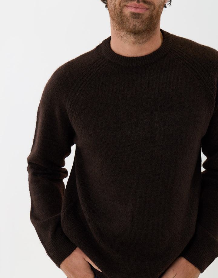 Raglan Rib Knitted Crew Neck Jumper in Chocolate