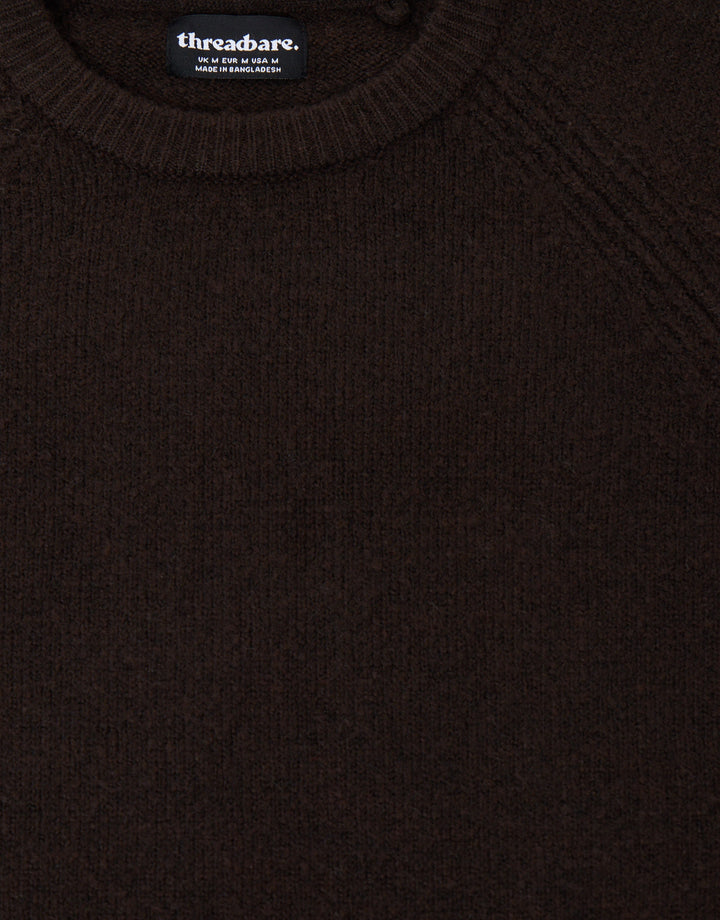 Raglan Rib Knitted Crew Neck Jumper in Chocolate