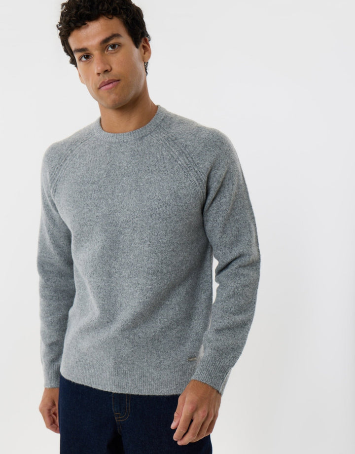Raglan Rib Knitted Crew Neck Jumper in Grey Marl