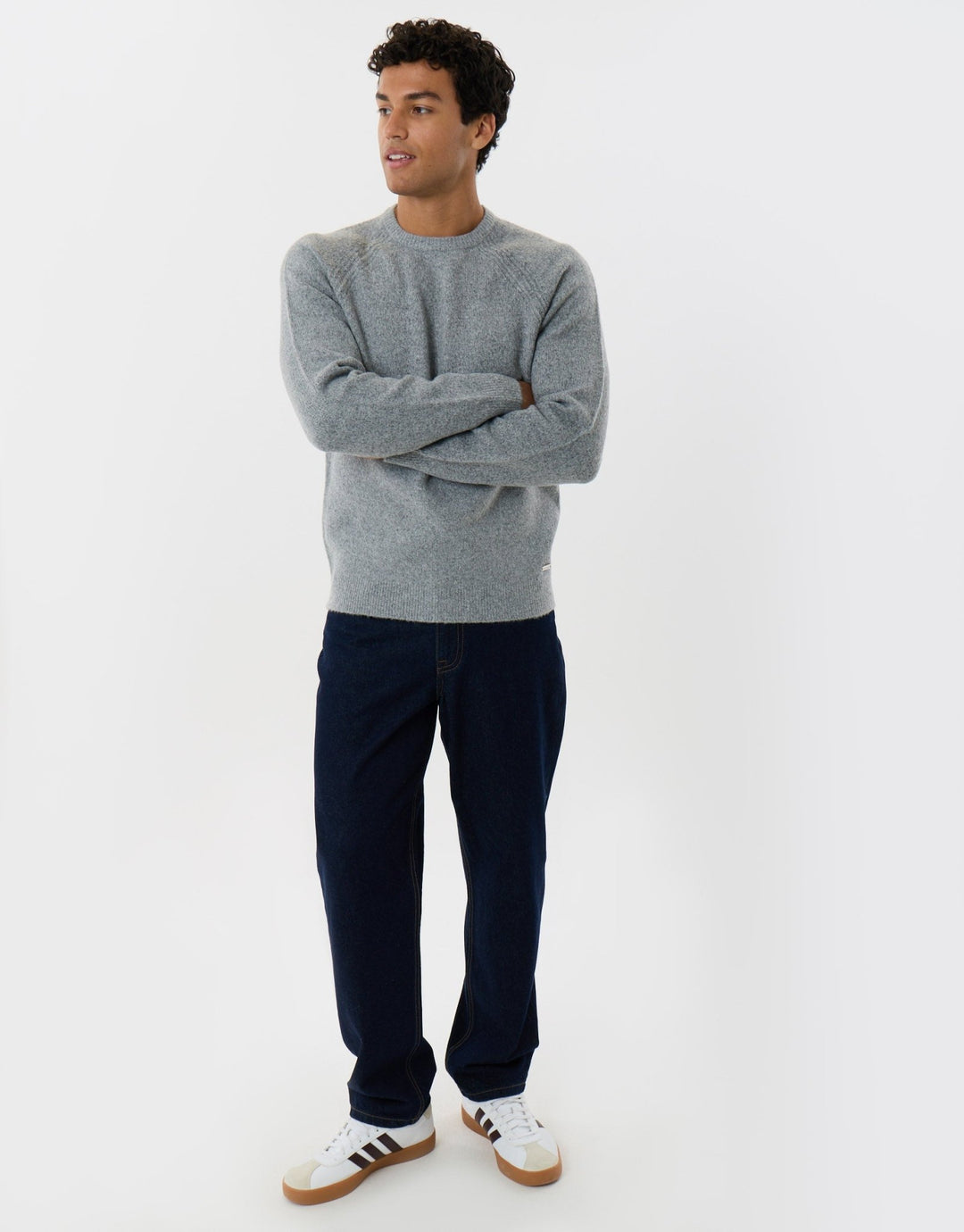 Raglan Rib Knitted Crew Neck Jumper in Grey Marl