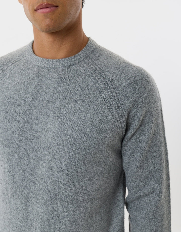 Raglan Rib Knitted Crew Neck Jumper in Grey Marl