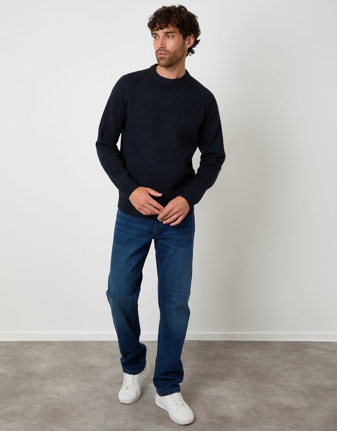 Navy Raglan Rib Knitted Crew Neck Jumper