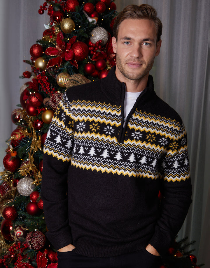 Black Knitted Fairisle Christmas Quarter Zip Jumper