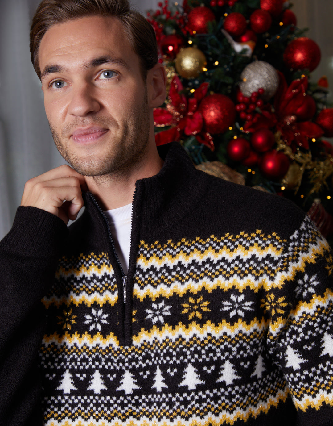 Black Knitted Fairisle Christmas Quarter Zip Jumper