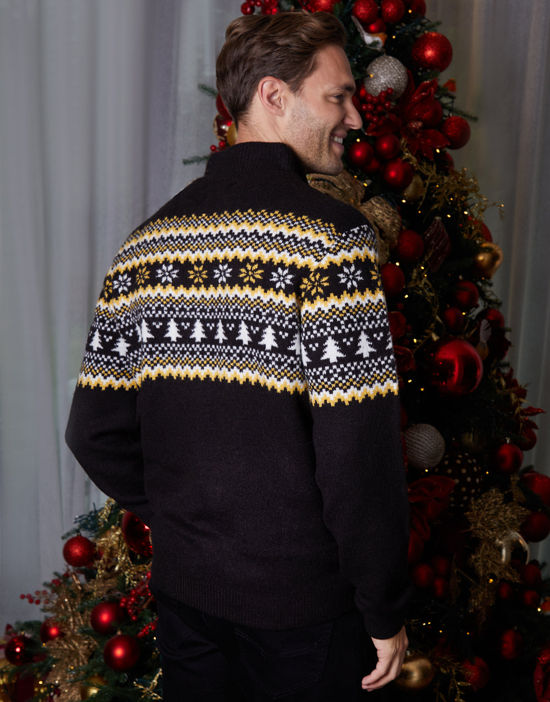 Black Knitted Fairisle Christmas Quarter Zip Jumper