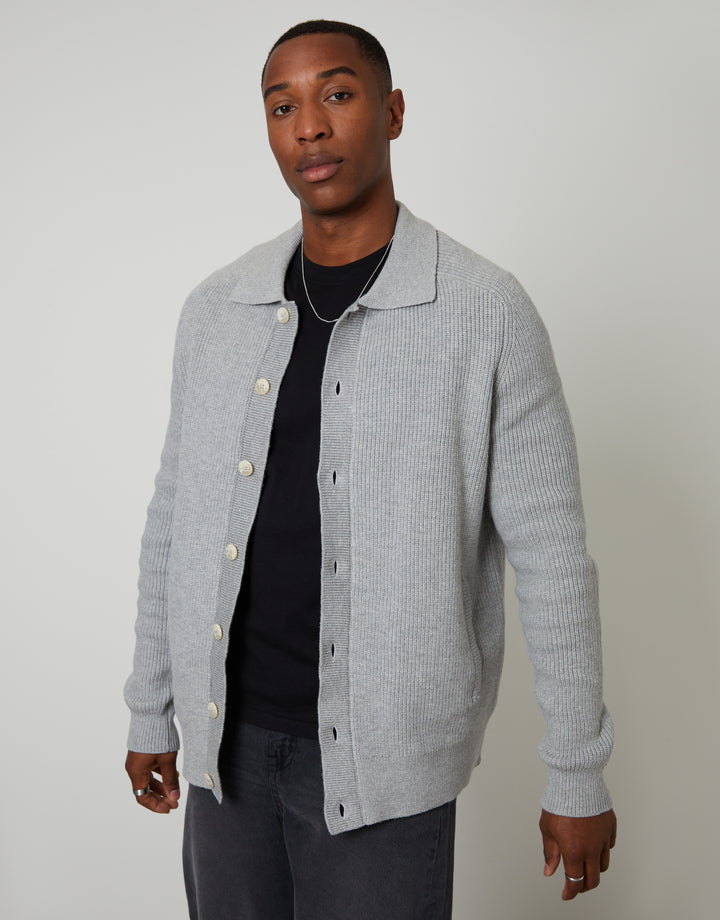 Grey Knitted Collared Cardigan Jacket