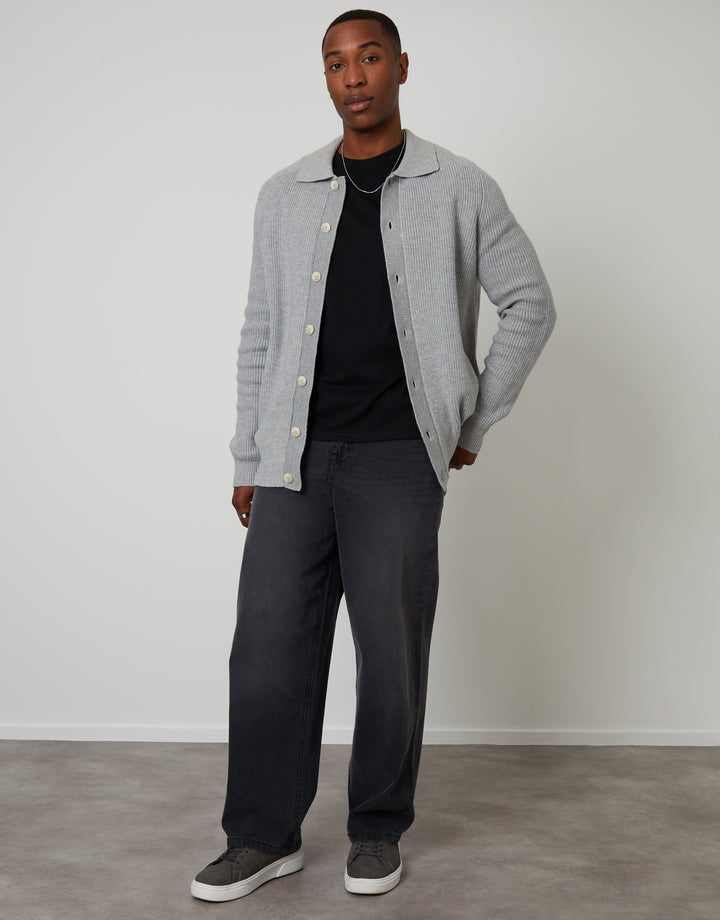 Grey Knitted Collared Cardigan Jacket