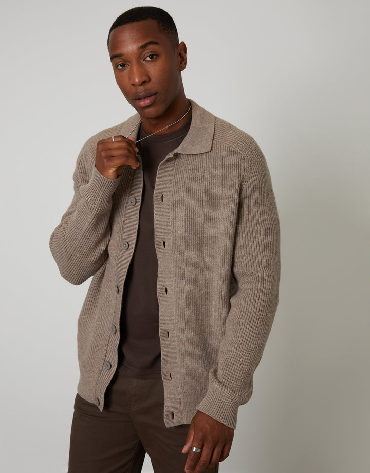 Taupe Knitted Collared Cardigan Jacket