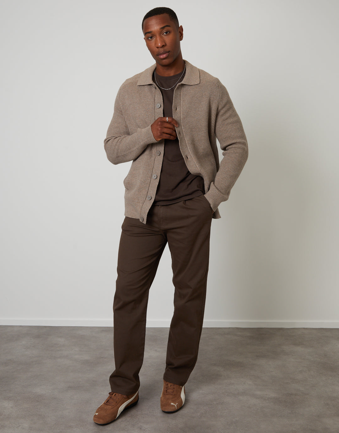 Taupe Knitted Collared Cardigan Jacket