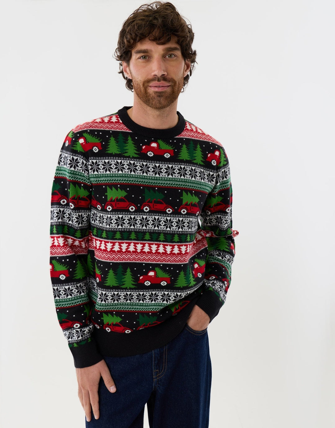 Christmas Car Fairisle Knitted Crew Neck Jumper in Black