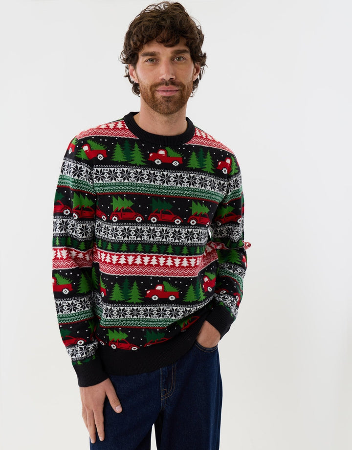 Christmas Car Fairisle Knitted Crew Neck Jumper in Black