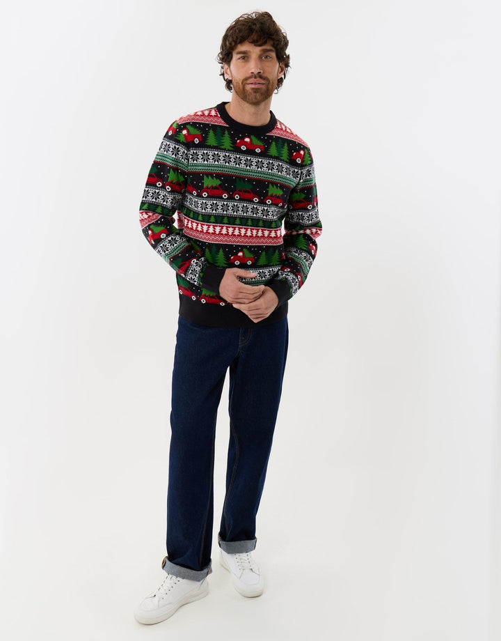 Christmas Car Fairisle Knitted Crew Neck Jumper in Black
