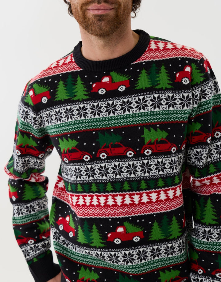 Christmas Car Fairisle Knitted Crew Neck Jumper in Black