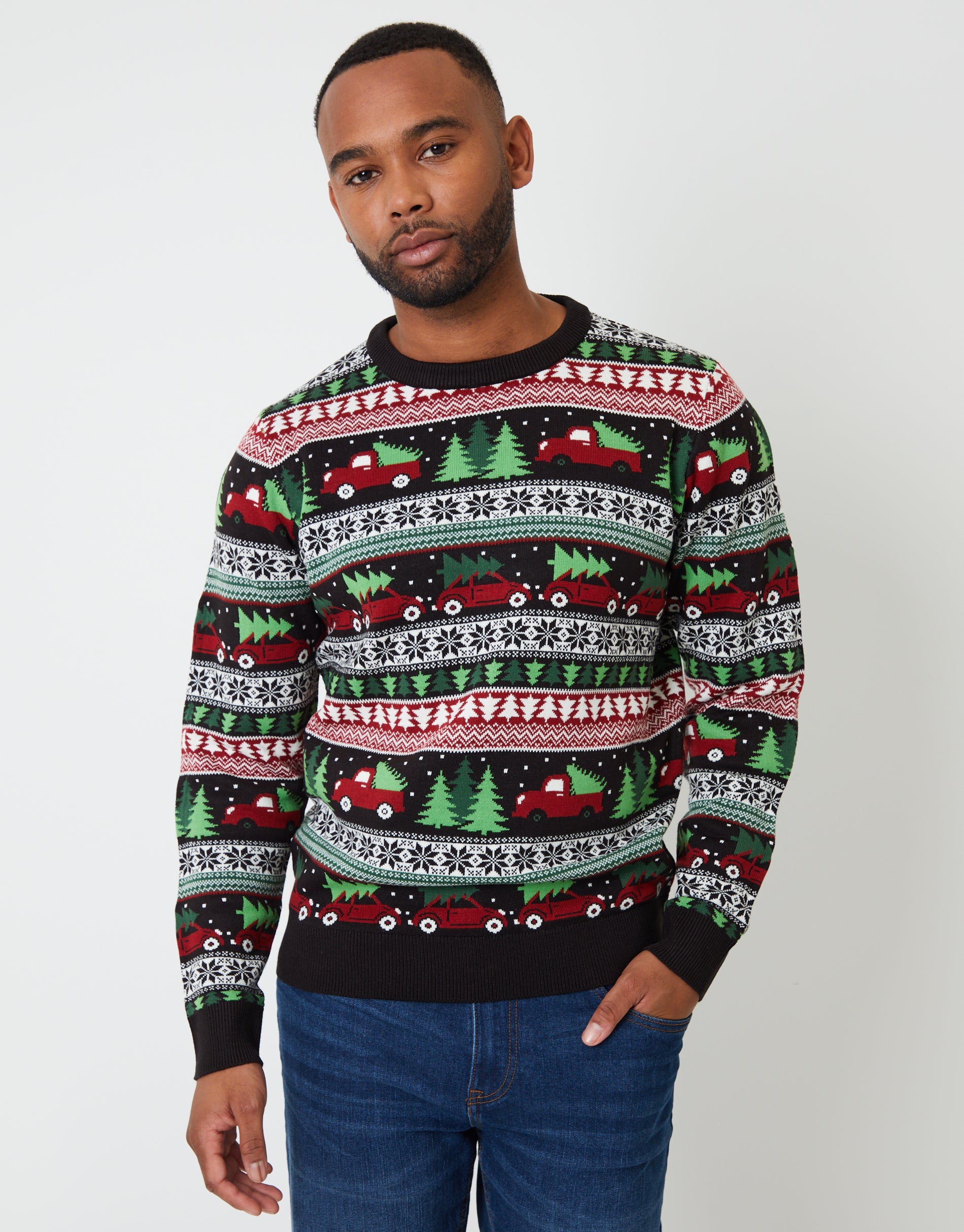 Threadbare Men's Black Christmas Car Fairisle Knitted Crew Neck Jumper Threadbare Men's Black Christmas Car Fairisle Knitted Crew Neck Jumper