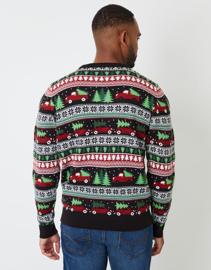 Black Christmas Car Fairisle Knitted Crew Neck Jumper
