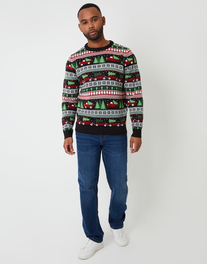 Black Christmas Car Fairisle Knitted Crew Neck Jumper