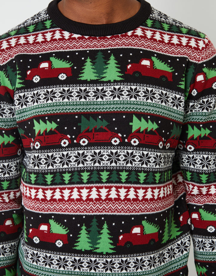 Black Christmas Car Fairisle Knitted Crew Neck Jumper