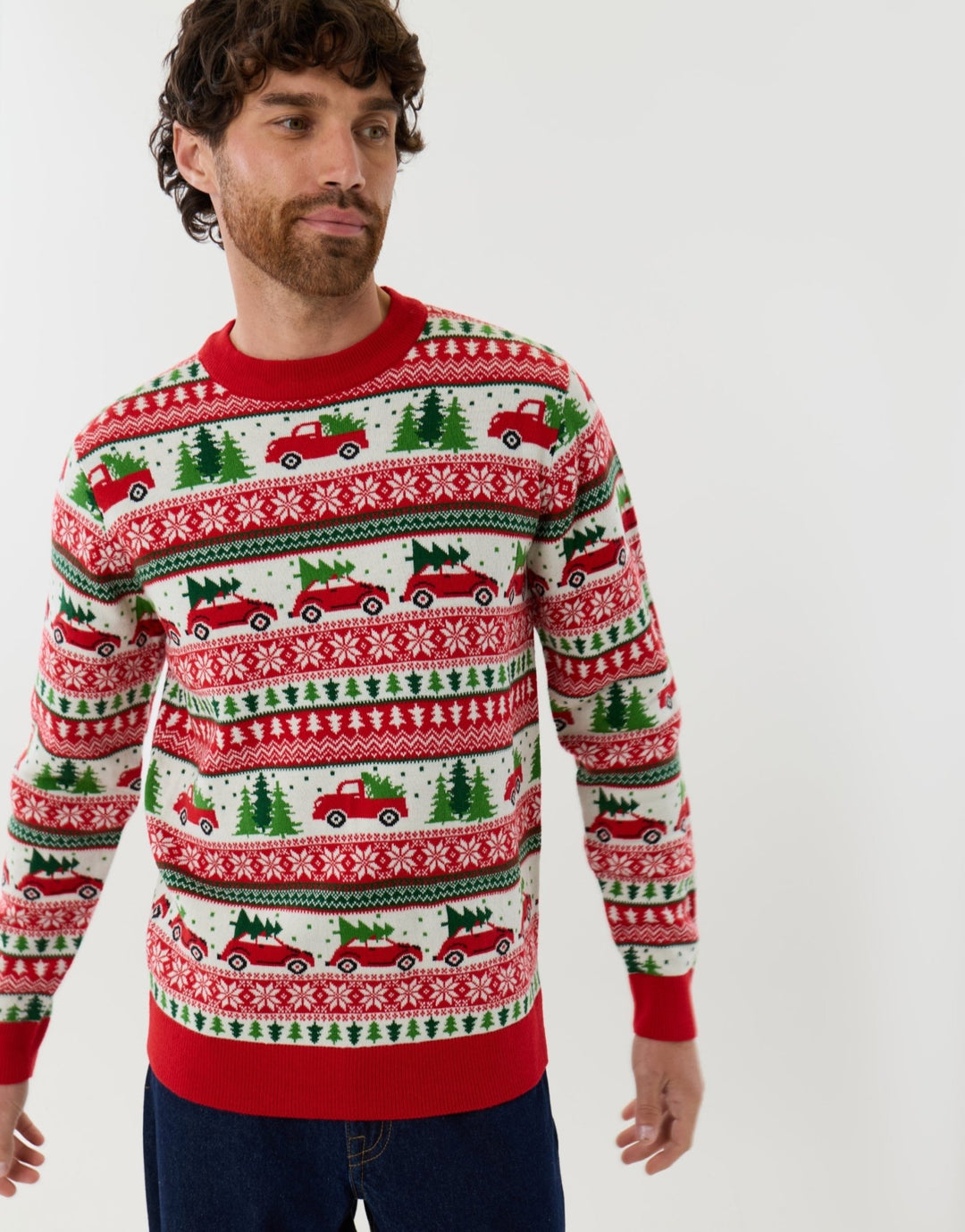 Christmas Car Fairisle Knitted Crew Neck Jumper in Red