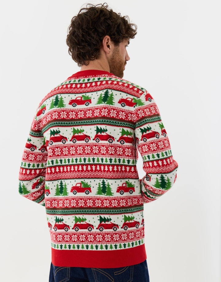Christmas Car Fairisle Knitted Crew Neck Jumper in Red