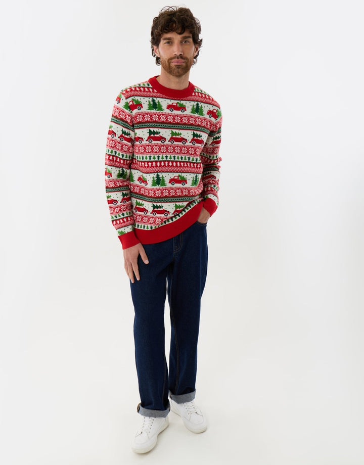 Christmas Car Fairisle Knitted Crew Neck Jumper in Red