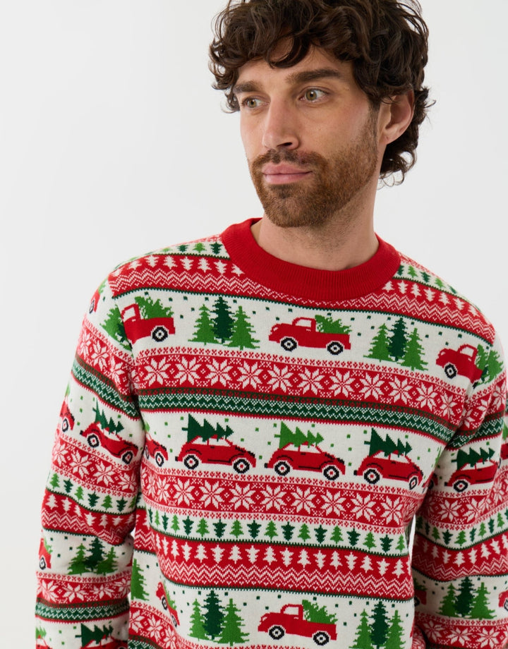 Christmas Car Fairisle Knitted Crew Neck Jumper in Red
