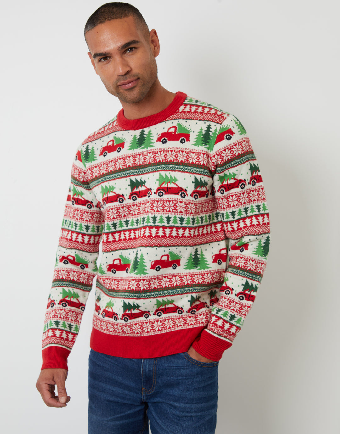 Red Christmas Car Fairisle Knitted Crew Neck Jumper