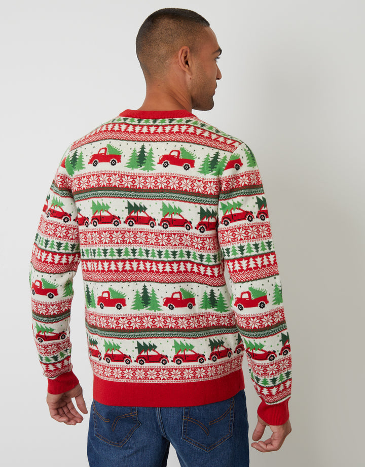 Red Christmas Car Fairisle Knitted Crew Neck Jumper