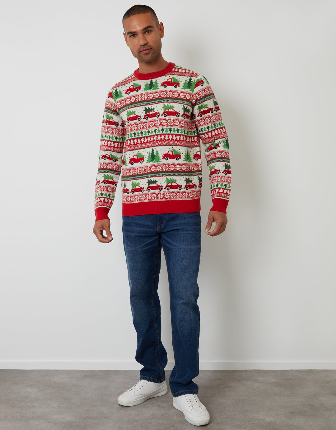 Red Christmas Car Fairisle Knitted Crew Neck Jumper